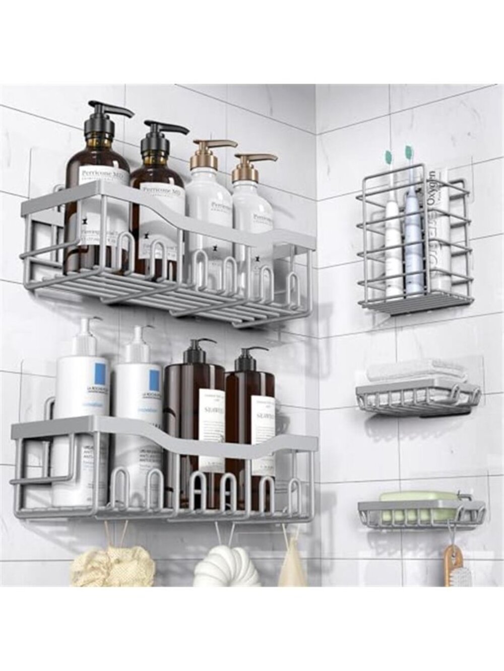 Shower Caddy Organizer Set Bathroom Shelf Adhesive No Drill Storage Rack Set